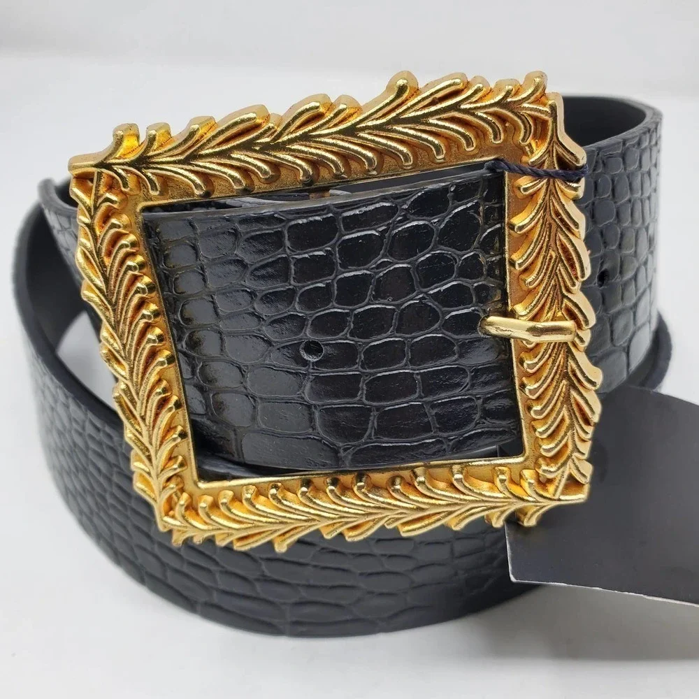 Nasty Gal Croc Black Faux Leather Belt New With Tags Gold Tone Buckle - Picture 2 of 7